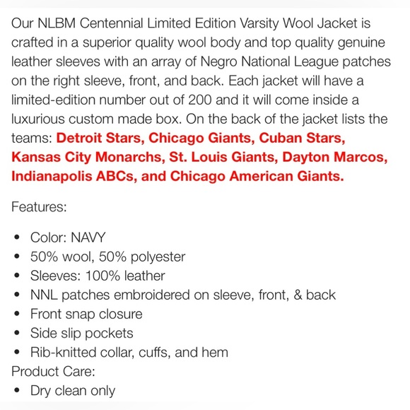 NWT Negro Baseball League
Centennial Varsity Jacket 1920-2020
Size 4XL Ltd Ed - Picture 12 of 13